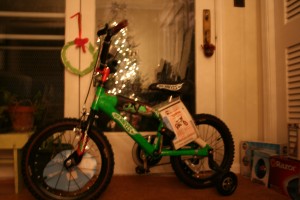 Bike One Rollie got a Hot Wheels bike from Santa. I love that green color.