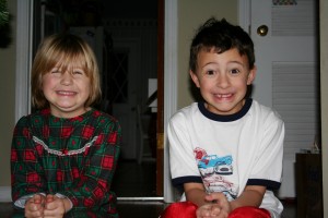 Tiller and Rollie, waiting to go downstairs, Christmas Morning.