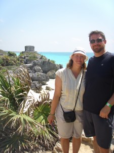 Me and Todd at Tulum. We swam below this later, in that very blue water.