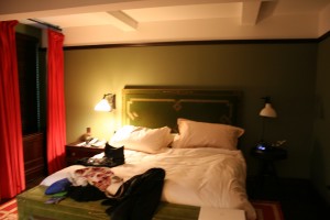 And here's the bed. Nice linens, velvety headboard, good lighting. 